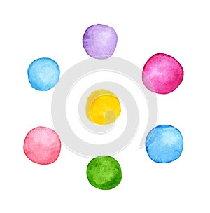 Colorful watercolour round paint spots set, uneven dots illustration, design elements, text background.