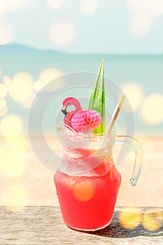 Colorful watermelon mocktail at the beach bar. Vacation, get away, summer outing concept