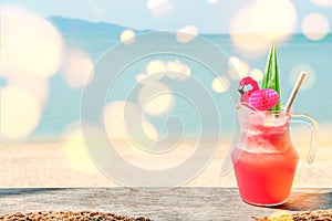 Colorful watermelon mocktail at the beach bar. Vacation, get away, summer outing concept