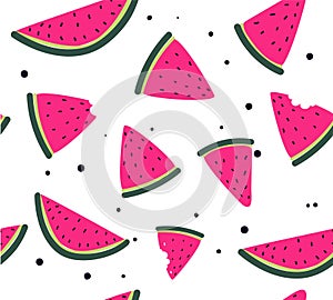 Colorful watermelon seamless pattern. Hand drawn slices of watermelon isolated on white background. Summer vector illustration