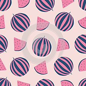 Colorful watermelons with slices hand drawn vector illustration. Abstract fruit in flat style seamless pattern for wallpaper.