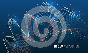 A colorful wave of binary code in the form of graphs symbolizing big data visualization, analytics and information flow on a dark