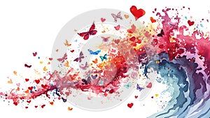 Colorful wave splashing butterflies and hearts on a white background. Watercolor. AI generated illustration.