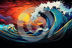 A colorful wave with splatters of paint against a background