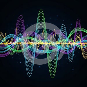 Waveforms interweave against a dark background creating a dynamic