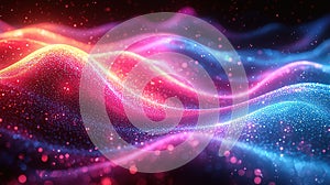 Colorful waves of light create an abstract pattern in vibrant hues of pink, blue, and orange against a dark background