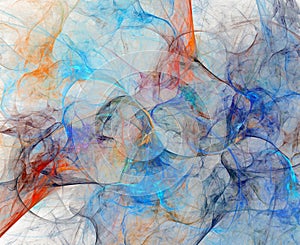 Colorful wavy, blurred lines and spots are randomly arranged on a light background.