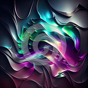 Colorful wavy metal shapes with northern lights abstract background.