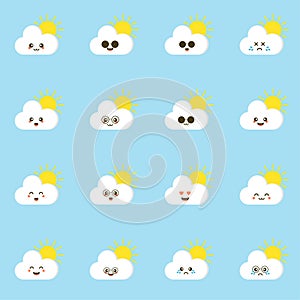 Colorful weather forecast icons. Funny cartoon lightning and clouds. Adorable faces with various emotions. Flat vector for mobile