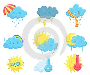 Colorful weather forecast icons. Funny cartoon sun and clouds. Adorable faces with various emotions. Flat vector for