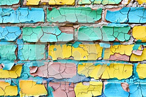 Colorful Weathered Brick Wall Background Texture with Chipping Paint in Retro Urban Style