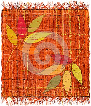 Colorful weave interlace plaid with embroidery of stylized leafs photo