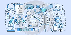 Colorful web banner template with optical equipment, various eyesight correction devices, ophthalmic tools, optic lenses