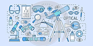 Colorful web banner template with optical equipment, various eyesight correction devices, ophthalmic tools, optic lenses photo