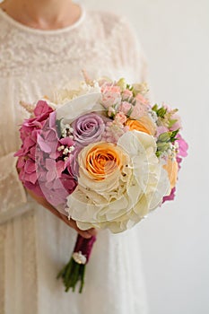 Colorful Wedding Flower Bouquet of White Hydrangea, Peonies and Roses
