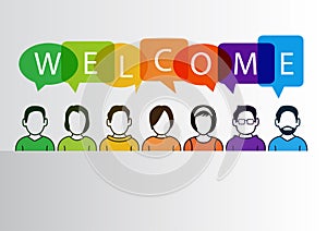 Colorful welcome background with simplified cartoon characters