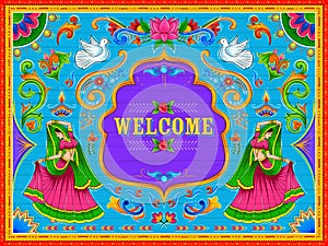 Colorful Welcome banner in truck art kitsch style of India