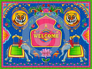 Colorful Welcome banner in truck art kitsch style of India