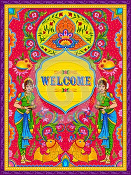 Colorful Welcome banner in truck art kitsch style of India