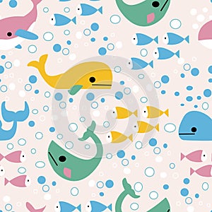 Colorful wheals and fishes in a seamless pattern design