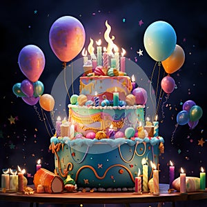 Colorful and Whimsical Birthday Cake with Floating Layers and Age-defying Candles