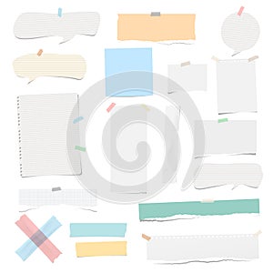 Colorful and white adhesive, sticky, masking, duct tape pieces torn note, notebook paper, speech bubbles for text are