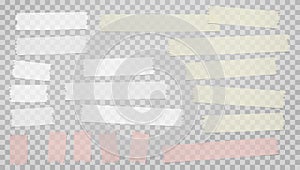 Colorful, white adhesive, sticky, masking, duct tape strips for text are on squared gray background. Vector illustration