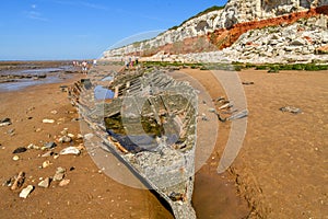 Colorful white-red cliffs in Hunstanton UK,boat wreck