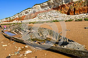 Colorful white-red cliffs in Hunstanton UK,boat wreck