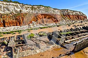 Colorful white-red cliffs in Hunstanton UK,boat wreck