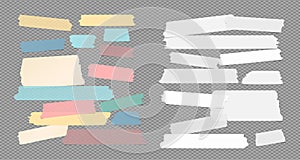 Colorful and white ripped sticky, adhesive masking tape, note paper strips stuck on squared gray background