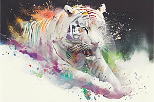 Colorful white Siberian tiger painting watercolor portrait