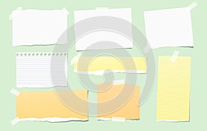 Colorful and white torn note, notebook paper pieces for text stuck on bright green background. Vector illustration.