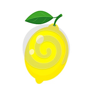 Colorful whole yellow lemon with green leaf. Vector illustration