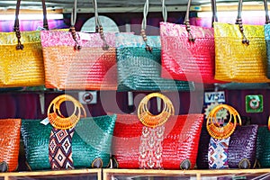 Colorful wicker baskets for sale in market