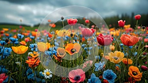 Colorful wildflower meadow on a cloudy day