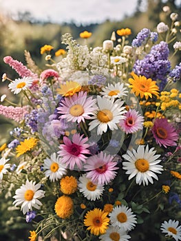 A colorful wildflowers bouquet. Summertime, midsummer, rural simple life concept.