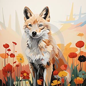 Colorful Wildlife Mural: Fox In A Field Of Flowers