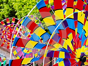 Colorful wind wheel toy background.