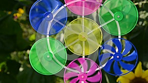 Colorful windmill toy in garden and sunflowers