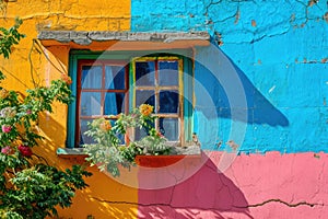 Colorful Window and Cracked Wall with Flowers