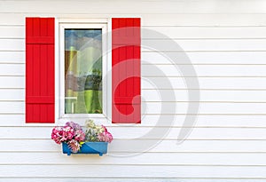 Colorful window frames with wooden walls and flowers decorated,