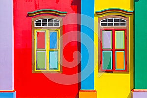 Colorful windows and details on a colonial house in Little India