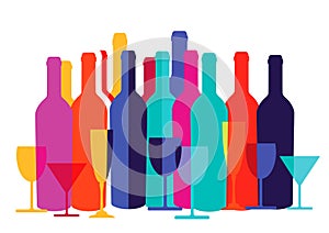 Colorful wine bottles and glasses photo