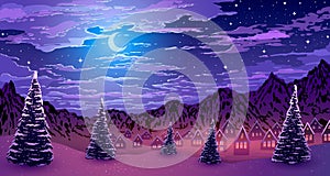 Colorful winter night landscape background. Village among snowy mountains and pine trees