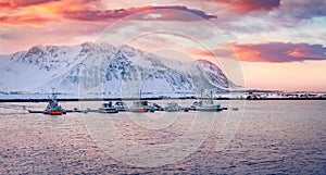 Colorful winter scene of small port in Flakstadpollen bay. Stunning sunrise on Lofoten Islans, Norway, Europe