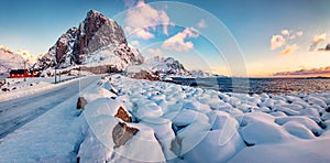 Colorful winter sunrise on Hamnoy village, Lofoten Islands.