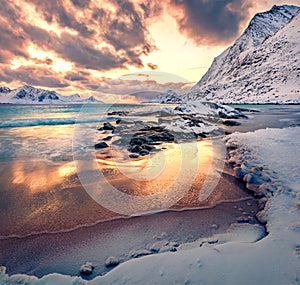 Colorful winter sunset on Lofoten Islands, Norway, Europe.