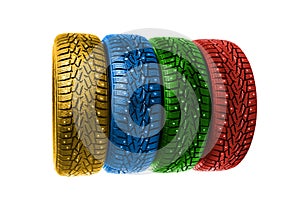 Colorful winter tires on white