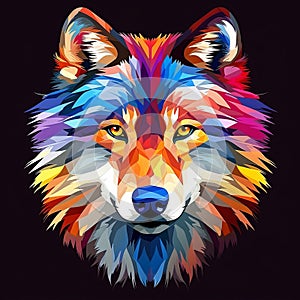 a colorful wolf head on a black background